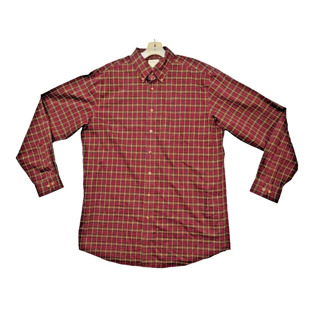 L.L. Bean Shirt Men Large Tall Red Plaid Button Down Traditional Fit Work
